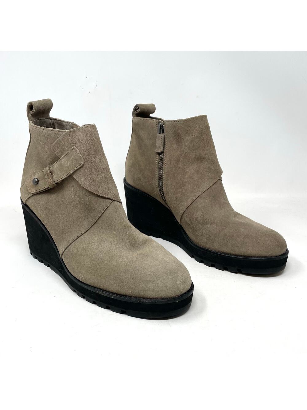 Eileen Fisher Tinker Suede Strap Wedge Ankle Bootie Boots Taupe Beige womens 10